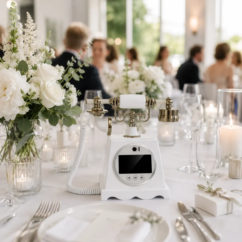 Téléphone livre dor audio video vintage sur table de mariage