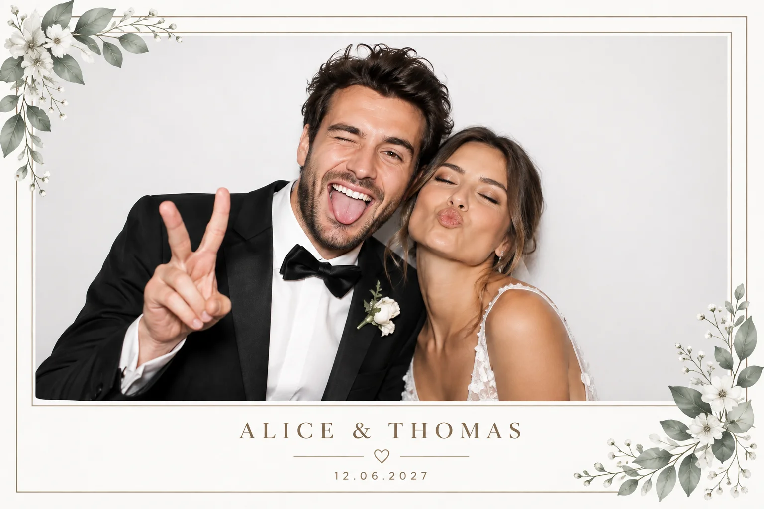 Photo de mariage personnalisée avec cadre élégant et fleuri